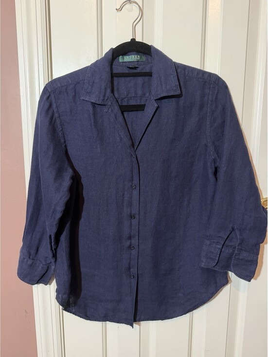 Lauren Ralph Lauren Tops - Lauren Ralph Lauren 100% Linen Navy 3/4 Split Sleeve Button Up Blouse Womens S/P